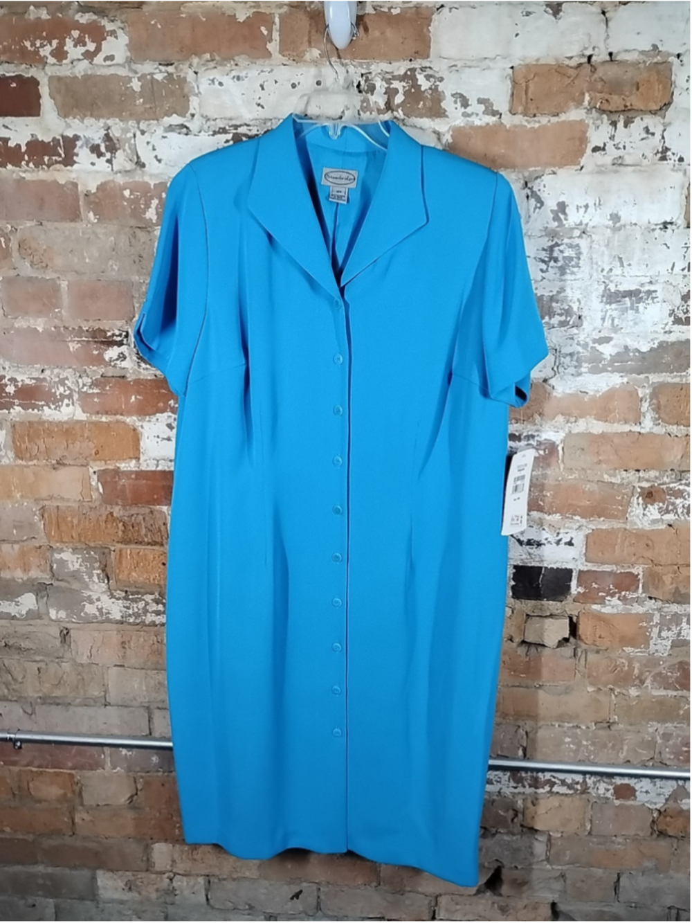 Stonebridge Bright Blue Short Sleeve Button Down Dress V-Neck Plus Size 80s/90s